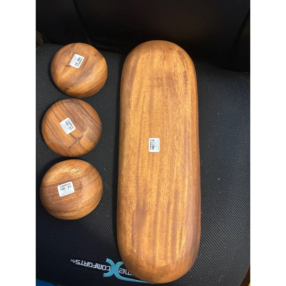 Crate‎ & Barrel Tondo Serving Set Brown Acacia Wood Platter and 3 Bowls
